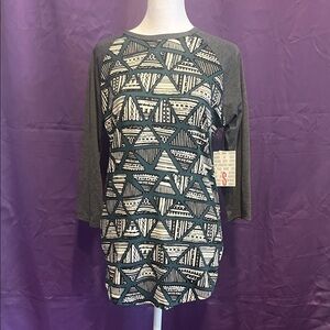 LuLaRoe Geometric Deep Teal  and Gray 3/4 Sleeve Top